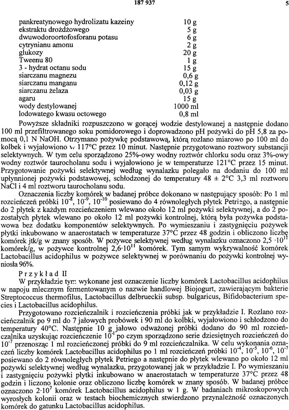 następnie dodano 100 ml przefiltrowanego soku pomidorowego i doprowadzono ph pożywki do ph 5,8 za pomocą 0,1 N NaOH.