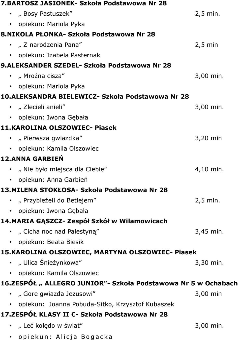 KAROLINA OLSZOWIEC- Piasek Pierwsza gwiazdka 3,20 min opiekun: Kamila Olszowiec 12.ANNA GARBIEŃ Nie było miejsca dla Ciebie 4,10 min. opiekun: Anna Garbień 13.