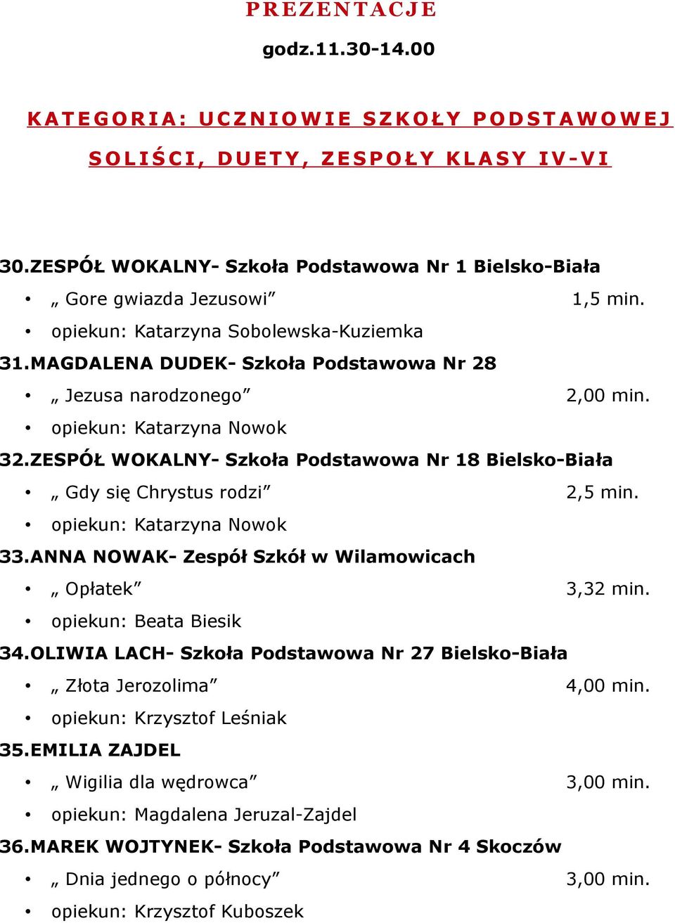 opiekun: Katarzyna Nowok 32.ZESPÓŁ WOKALNY- Szkoła Podstawowa Nr 18 Bielsko-Biała Gdy się Chrystus rodzi 2,5 min. opiekun: Katarzyna Nowok 33.ANNA NOWAK- Zespół Szkół w Wilamowicach Opłatek 3,32 min.