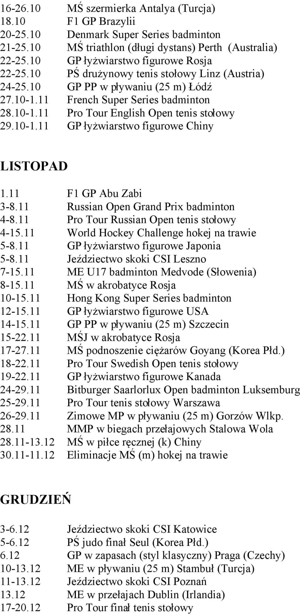 10-1.11 GP łyżwiarstwo figurowe Chiny LISTOPAD 1.11 F1 GP Abu Zabi 3-8.11 Russian Open Grand Prix badminton 4-8.11 Pro Tour Russian Open tenis stołowy 4-15.