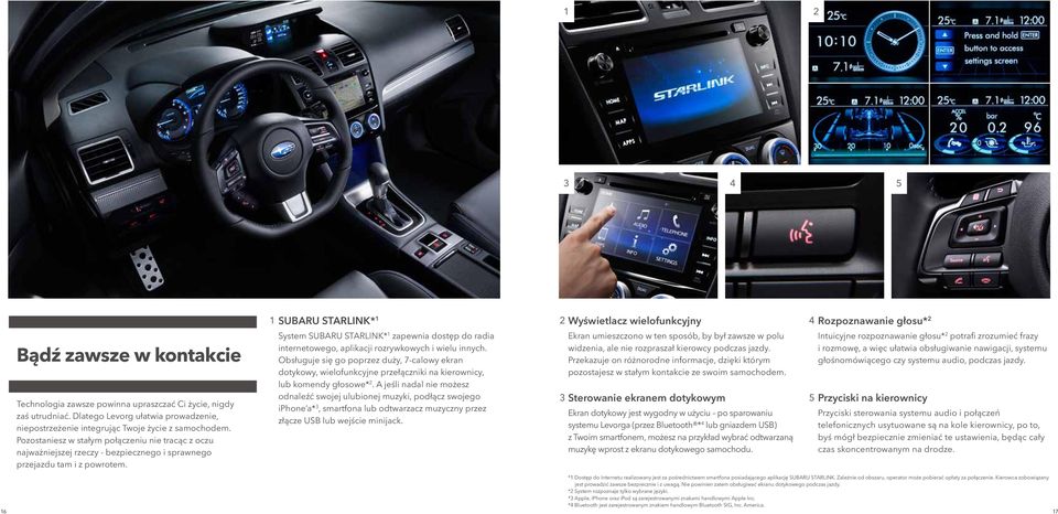 1 SUBARU STARLINK* 1 System SUBARU STARLINK* 1 zapewnia dostęp do radia internetowego, aplikacji rozrywkowych i wielu innych.