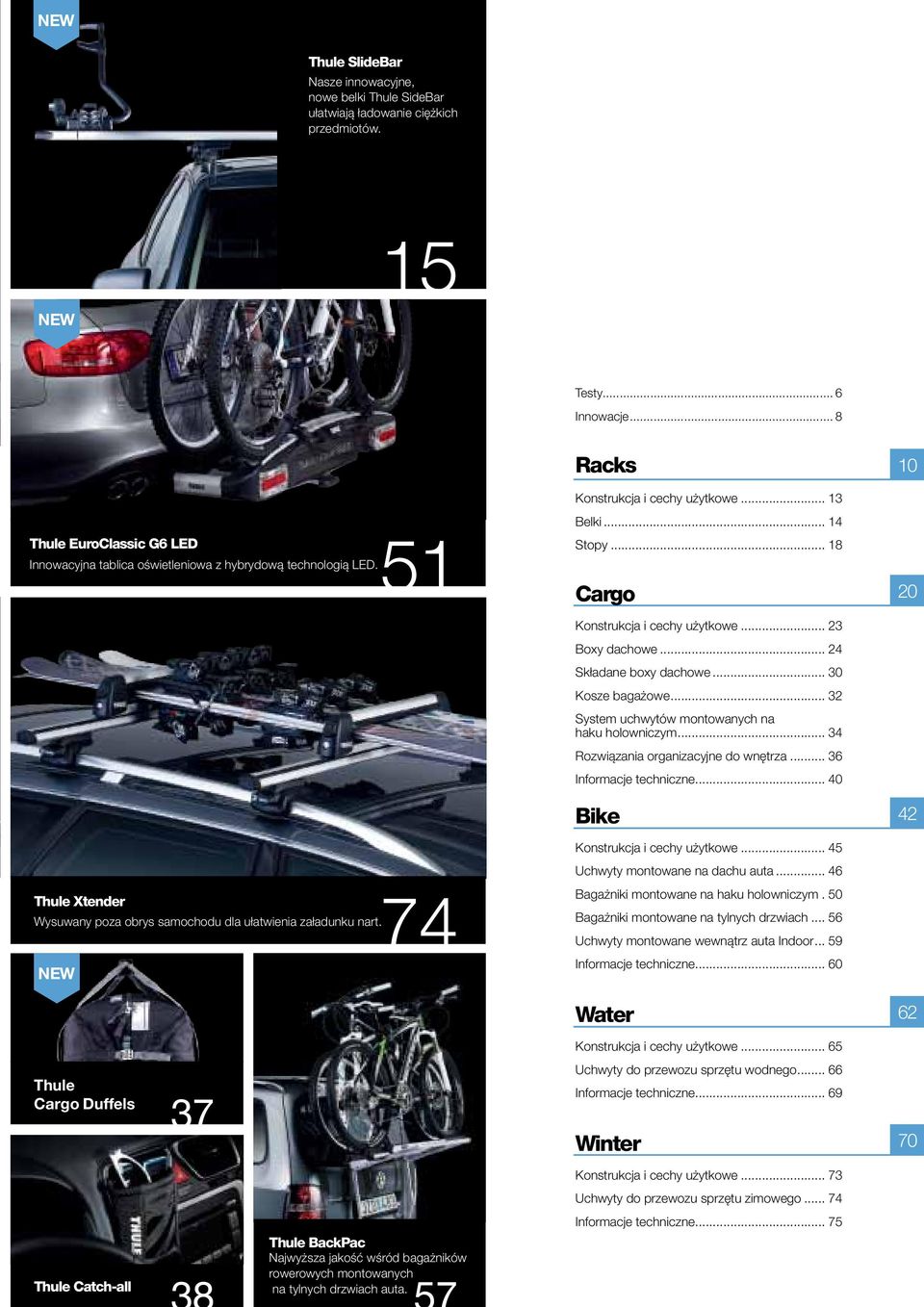 Thule Xtender NEW Racks Konstrukcja i cechy użytkowe... 13 Belki... 14 Stopy... 18 Cargo Konstrukcja i cechy użytkowe... 23 Boxy dachowe... 24 Składane boxy dachowe... 30 Kosze bagażowe.