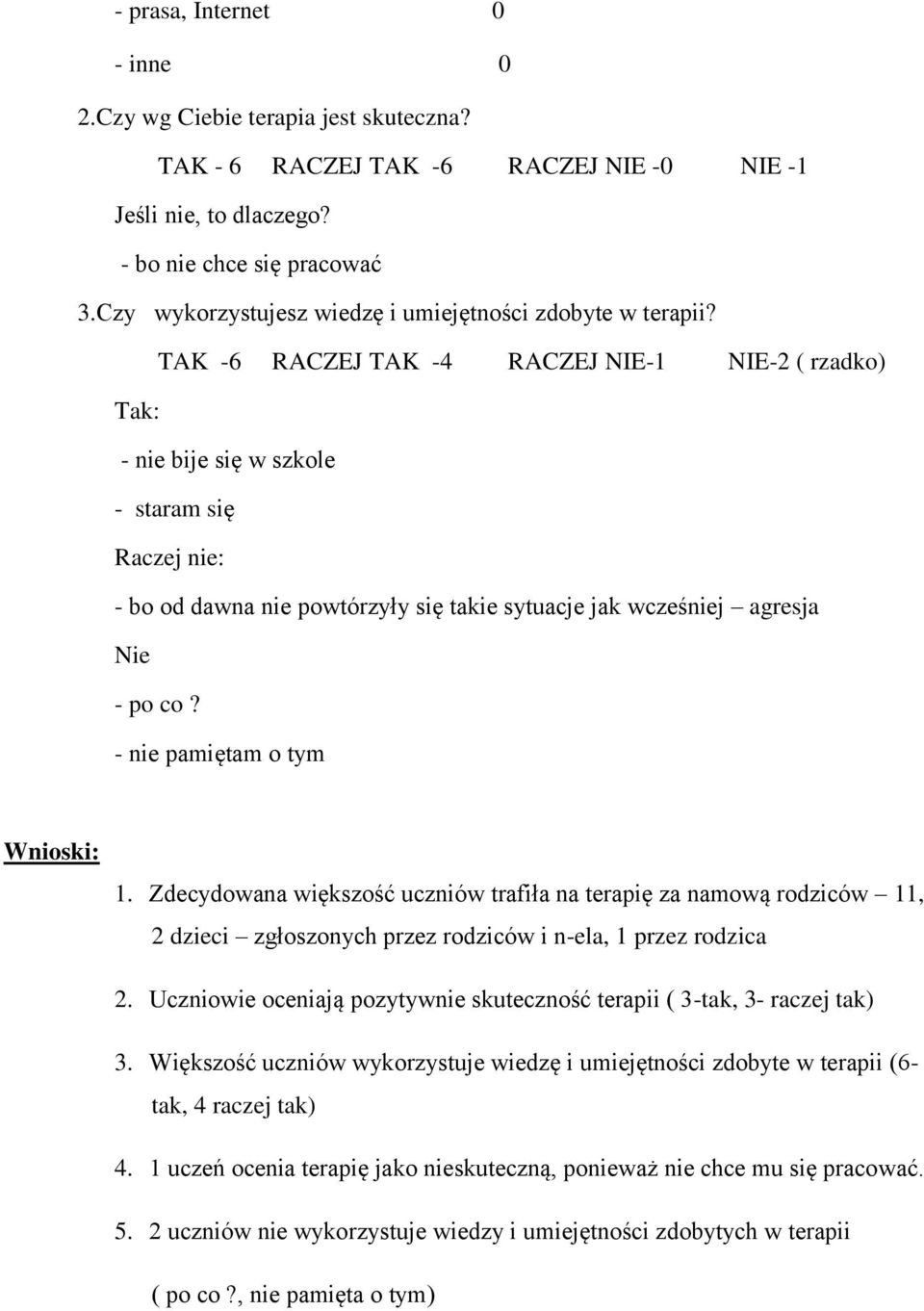 TAK -6 RACZEJ TAK -4 RACZEJ NIE-1 NIE-2 ( rzadko) Tak: - nie bije się w szkole - staram się Raczej nie: - bo od dawna nie powtórzyły się takie sytuacje jak wcześniej agresja Nie - po co?