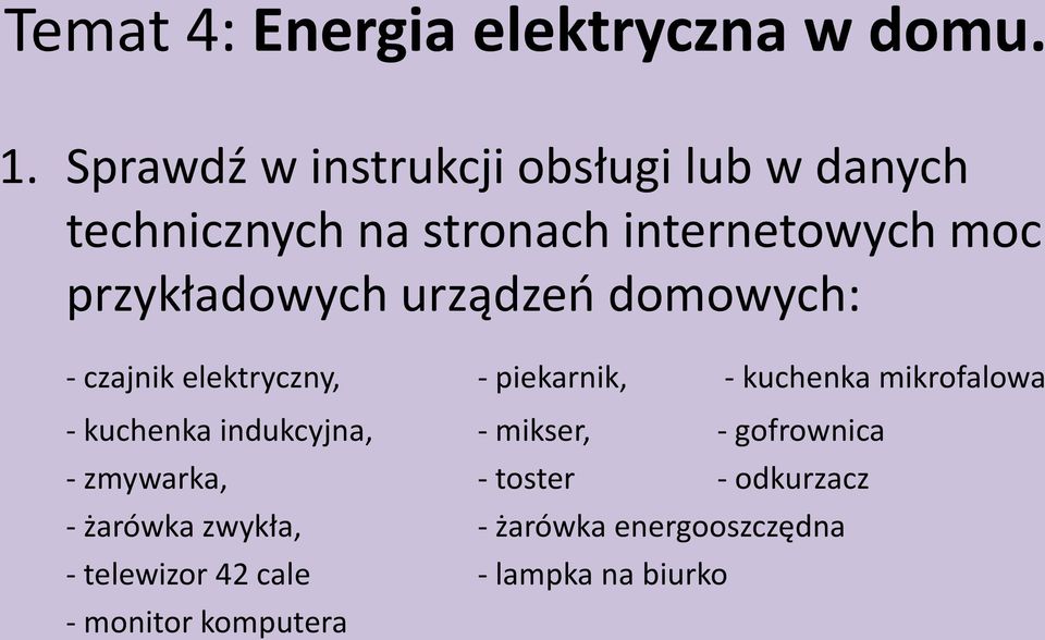 urządzeń domowych: - czajnik elektryczny, - piekarnik, - kuchenka mikrofalowa - kuchenka