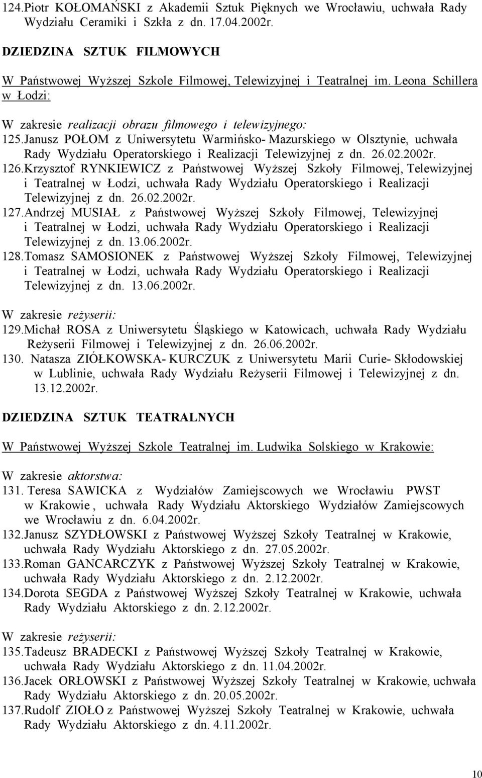 Janusz POŁOM z Uniwersytetu Warmińsko- Mazurskiego w Olsztynie, uchwała Rady Wydziału Operatorskiego i Realizacji Telewizyjnej z dn. 26.02.2002r. 126.