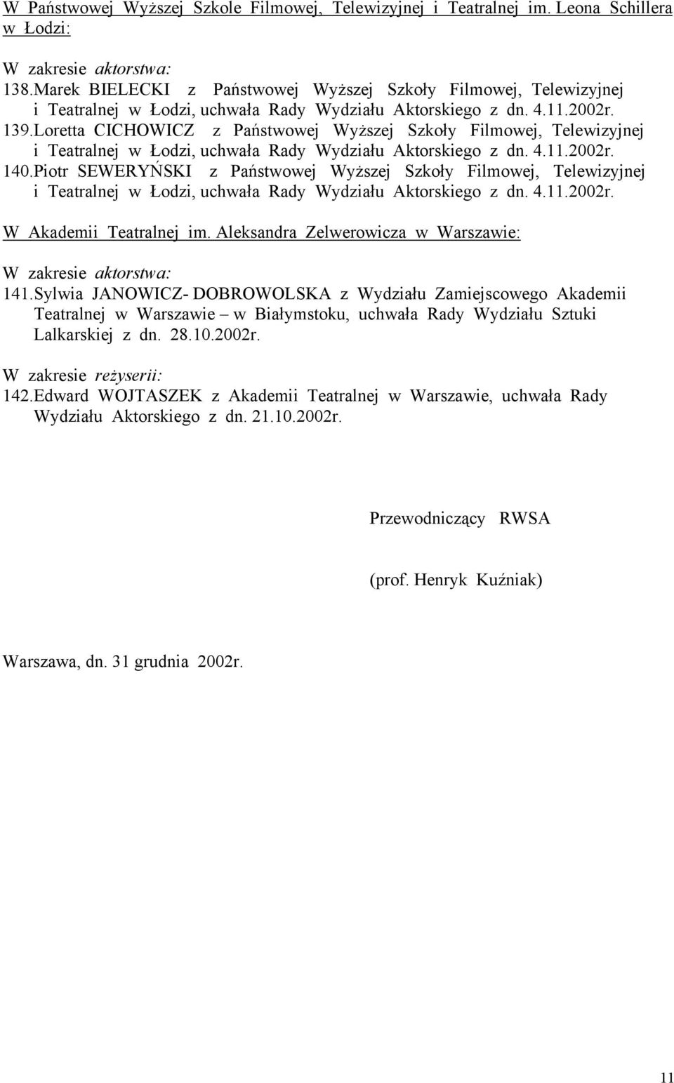 Loretta CICHOWICZ z Państwowej Wyższej Szkoły Filmowej, Telewizyjnej i Teatralnej w Łodzi, uchwała Rady Wydziału Aktorskiego z dn. 4.11.2002r. 140.