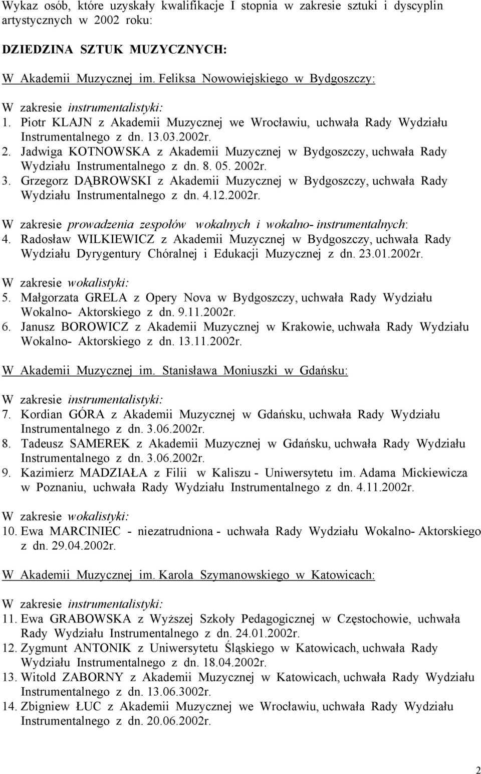 Jadwiga KOTNOWSKA z Akademii Muzycznej w Bydgoszczy, uchwała Rady Wydziału Instrumentalnego z dn. 8. 05. 2002r. 3.