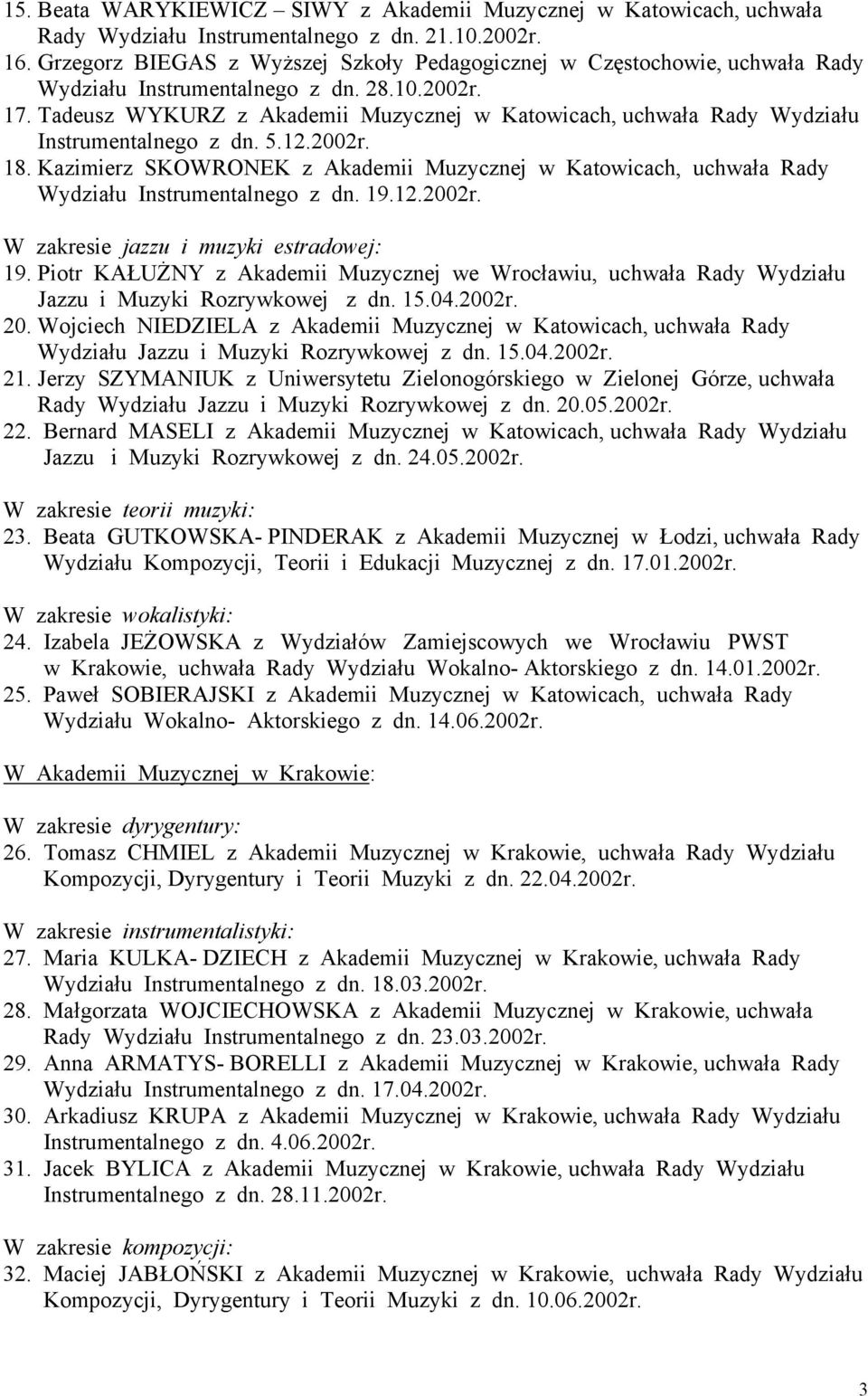 Tadeusz WYKURZ z Akademii Muzycznej w Katowicach, uchwała Rady Wydziału Instrumentalnego z dn. 5.12.2002r. 18.