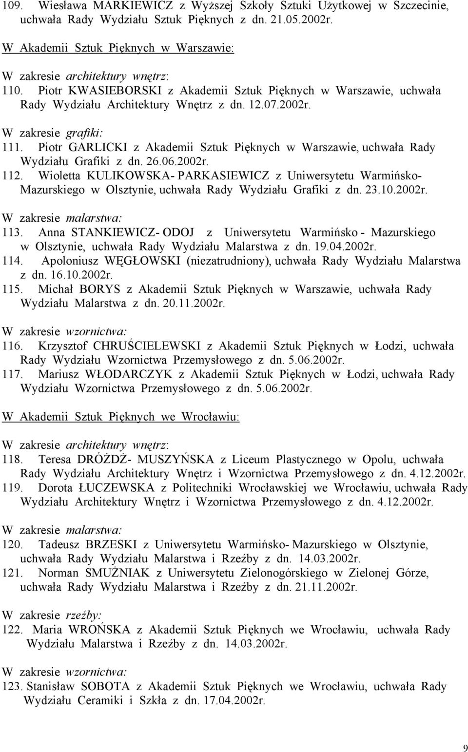 Piotr GARLICKI z Akademii Sztuk Pięknych w Warszawie, uchwała Rady Wydziału Grafiki z dn. 26.06.2002r. 112.