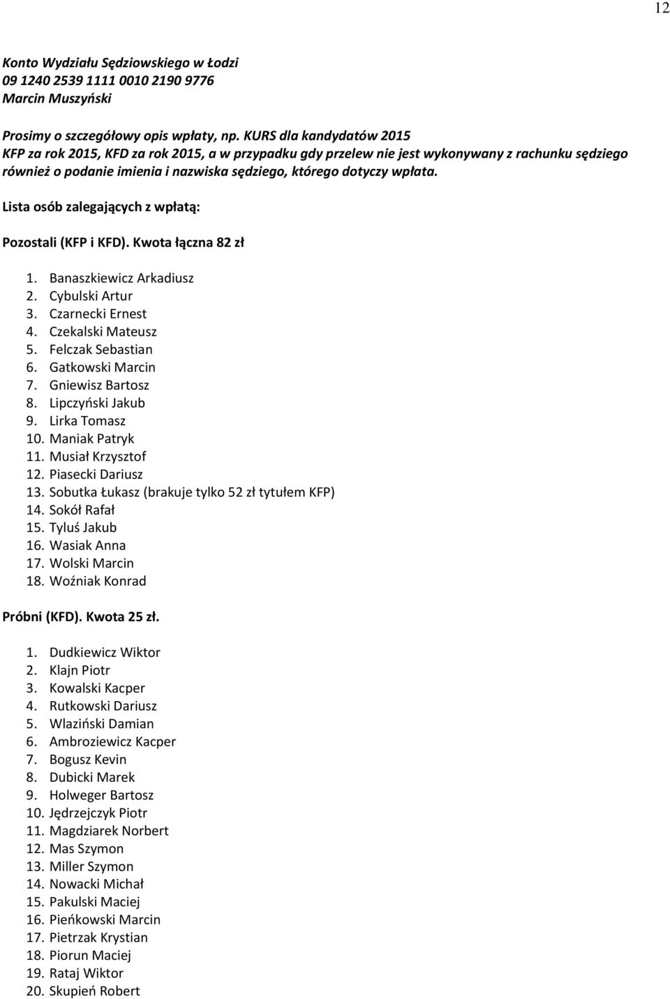 Lista osób zalegających z wpłatą: Pozostali (KFP i KFD). Kwota łączna 82 zł 1. Banaszkiewicz Arkadiusz 2. Cybulski Artur 3. Czarnecki Ernest 4. Czekalski Mateusz 5. Felczak Sebastian 6.