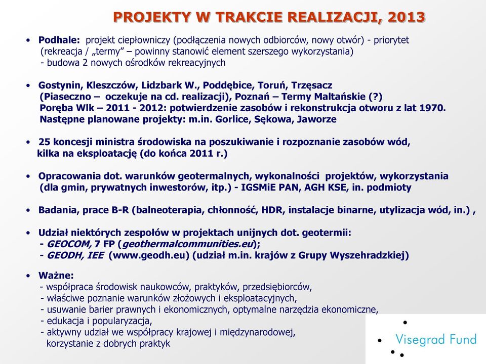 ) Poręba Wlk 2011-2012: potwierdzenie zasobów i rekonstrukcja otworu z lat 1970. Następne planowane projekty: m.in.