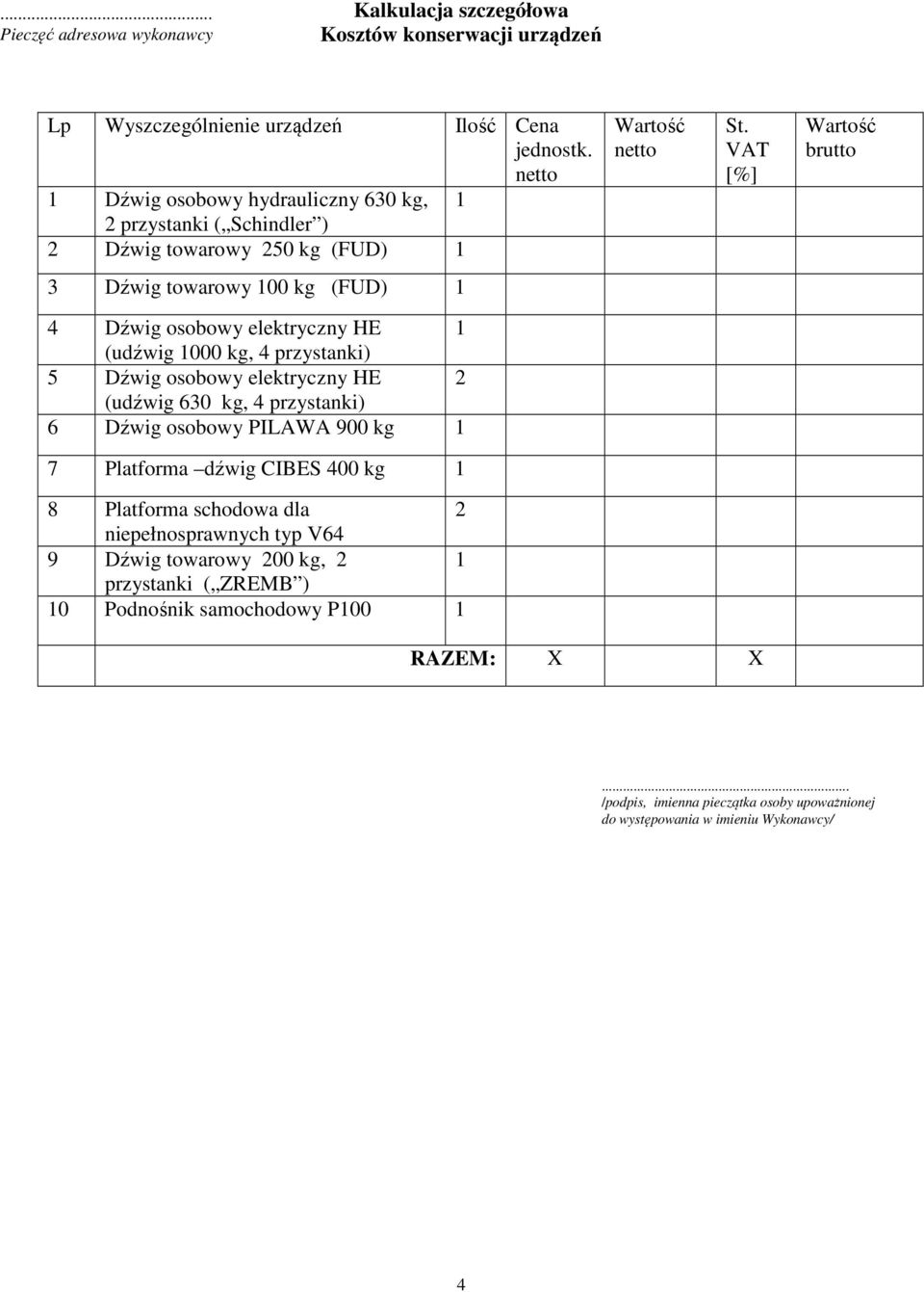VAT [%] Wartość brutto 3 Dźwig towarowy 100 kg (FUD) 1 4 Dźwig osobowy elektryczny HE 1 (udźwig 1000 kg, 4 przystanki) 5 Dźwig osobowy elektryczny HE 2 (udźwig 630 kg, 4 przystanki) 6