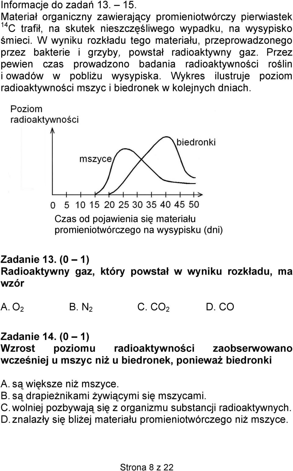 Wykres ilustruje poziom radioaktywności mszyc i biedronek w kolejnych dniach. Czas od pojawienia się materiału promieniotwórczego na wysypisku (dni) Zadanie 13.