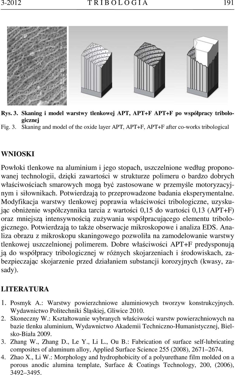 Skaning and model of the oxide layer APT, APT+F, APT+F after co-works tribological WNIOSKI Powłoki tlenkowe na aluminium i jego stopach, uszczelnione według proponowanej technologii, dzięki