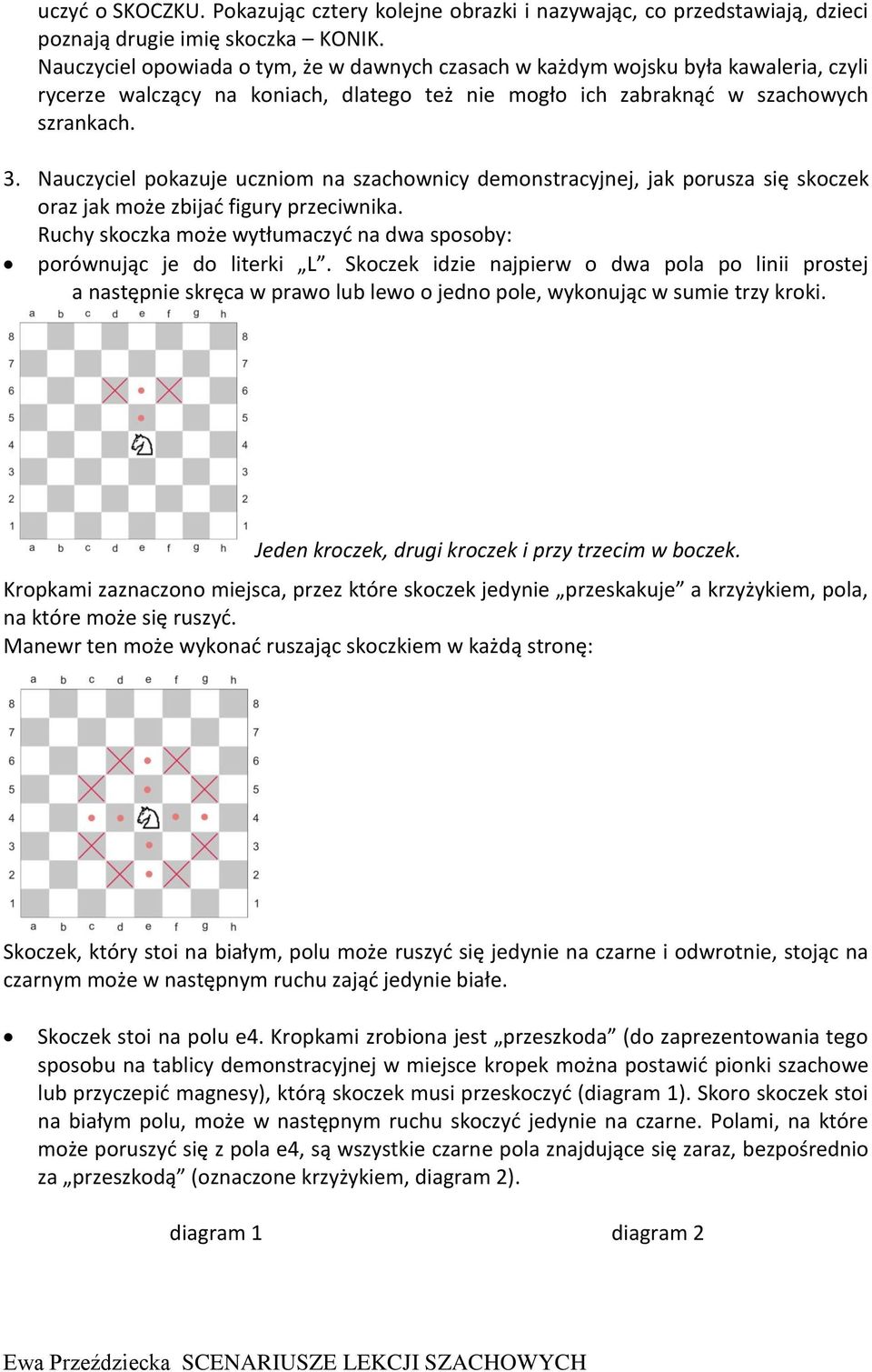 Nauczyciel pokazuje uczniom na szachownicy demonstracyjnej, jak porusza się skoczek oraz jak może zbijać figury przeciwnika. Ruchy skoczka może wytłumaczyć na dwa sposoby: porównując je do literki L.