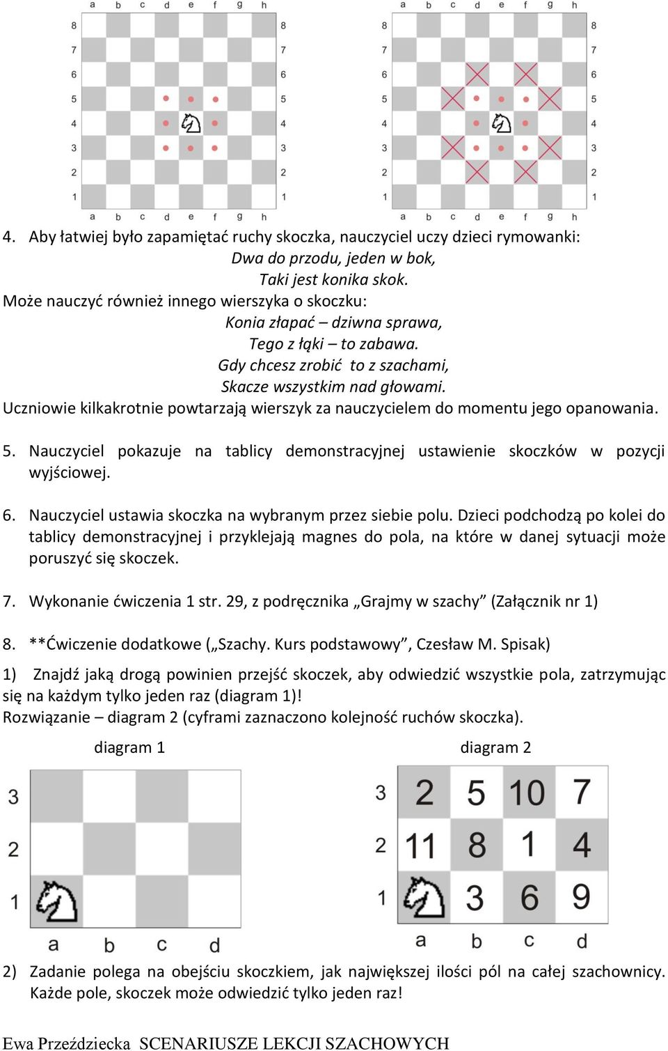 Uczniowie kilkakrotnie powtarzają wierszyk za nauczycielem do momentu jego opanowania. 5. Nauczyciel pokazuje na tablicy demonstracyjnej ustawienie skoczków w pozycji wyjściowej. 6.