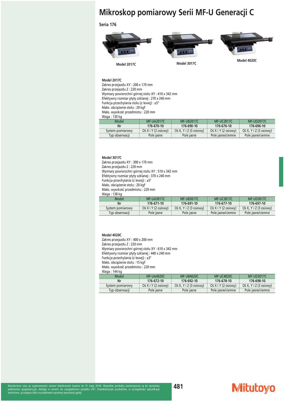 wysokość przedmiotu : 220 Waga : 130 kg Model MF-UA2017C MF-UB2017C MF-UC2017C MF-UD2017C 176-670-10 176-690-10 176-676-10 176-696-10 System pomiarowy Oś X i Y (2 osiowy) Oś X, Y i Z (3 osiowy) Oś X