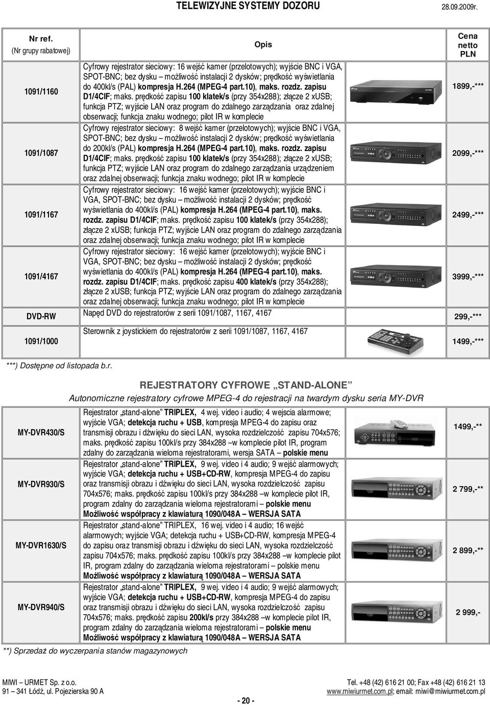 prdko zapisu 100 klatek/s (przy 354x288); złcze 2 xusb; funkcja PTZ; wyjcie LAN oraz program do zdalnego zarzdzania oraz zdalnej obserwacji; funkcja znaku wodnego; pilot IR w komplecie Cyfrowy