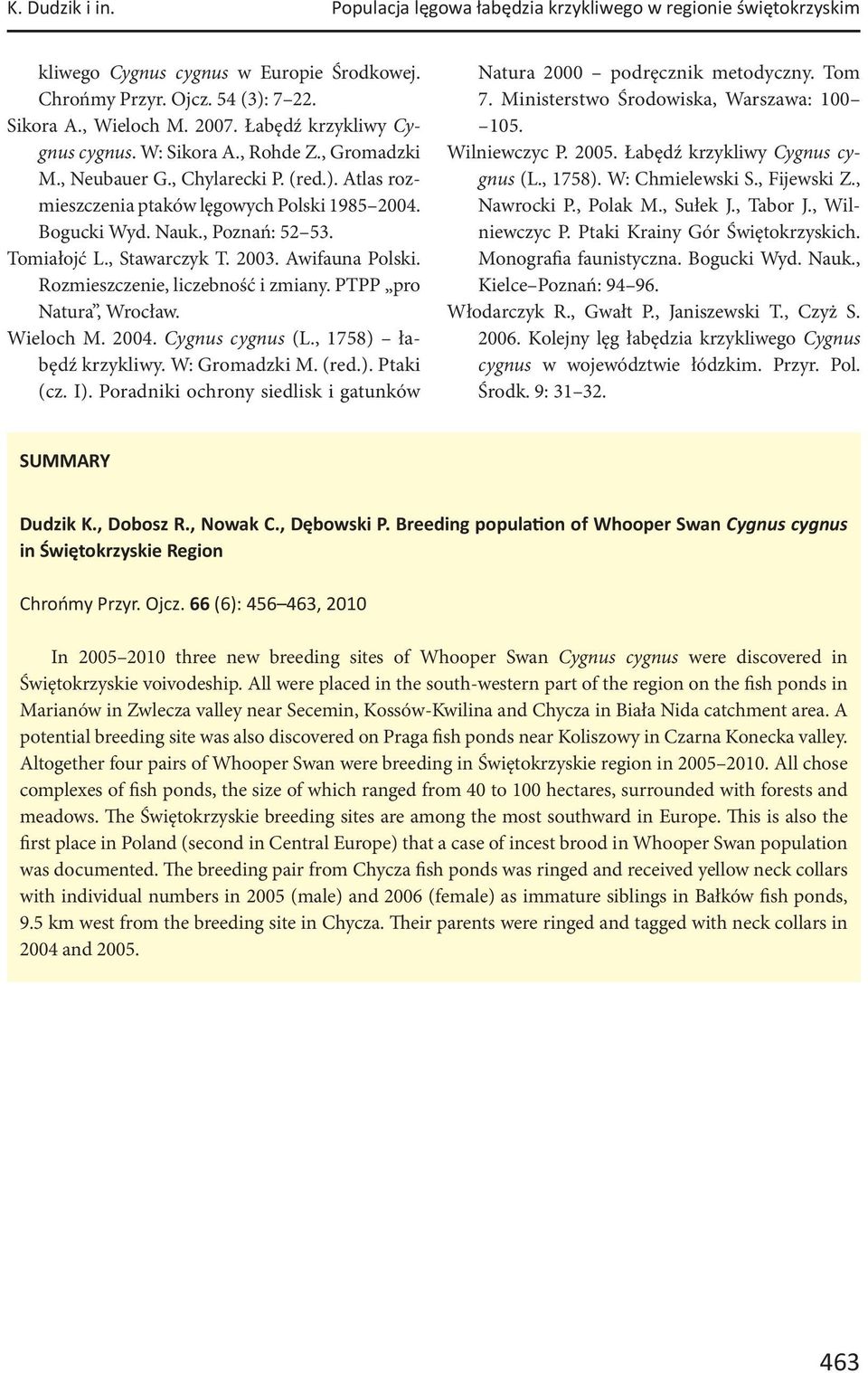 Tomiałojć L., Stawarczyk T. 2003. Awifauna Polski. Rozmieszczenie, liczebność i zmiany. PTPP pro Natura, Wrocław. Wieloch M. 2004. Cygnus cygnus (L., 1758) łabędź krzykliwy. W: Gromadzki M. (red.). Ptaki (cz.