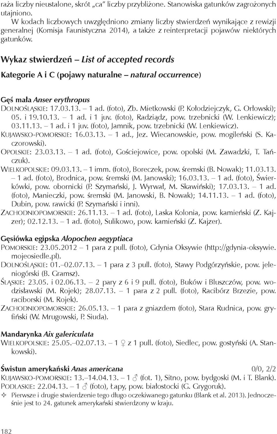 Wykaz stwierdzeń List of accepted records Kategorie A i C (pojawy naturalne natural occurrence) Gęś mała Anser erythropus Dolnośląskie: 17.03.13. 1 ad. (foto), Zb. Mietkowski (P. Kołodziejczyk, G.