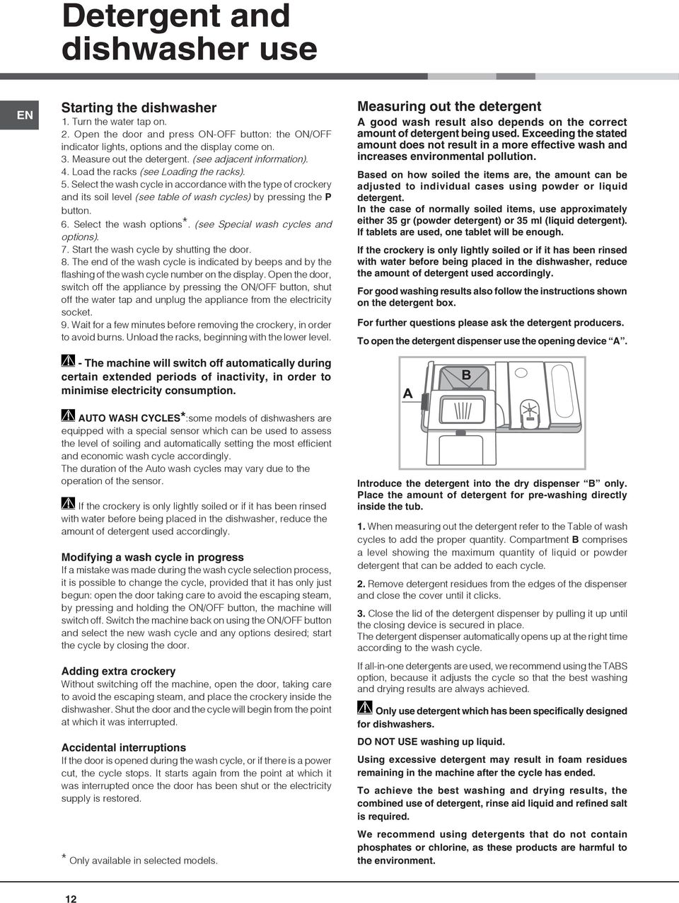 Select the wash cycle in accordance with the type of crockery and its soil level (see table of wash cycles) by pressing the P button. 6. Select the wash options*.