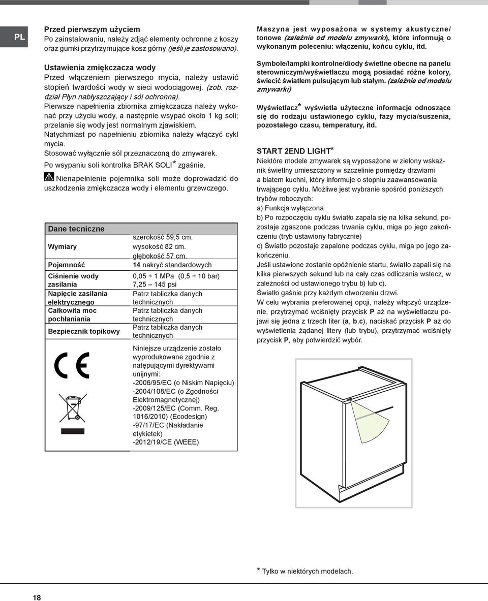 Pierwsze napełnienia zbiornika zmiękczacza należy wykonać przy użyciu wody, a następnie wsypać około 1 kg soli; przelanie się wody jest normalnym zjawiskiem.