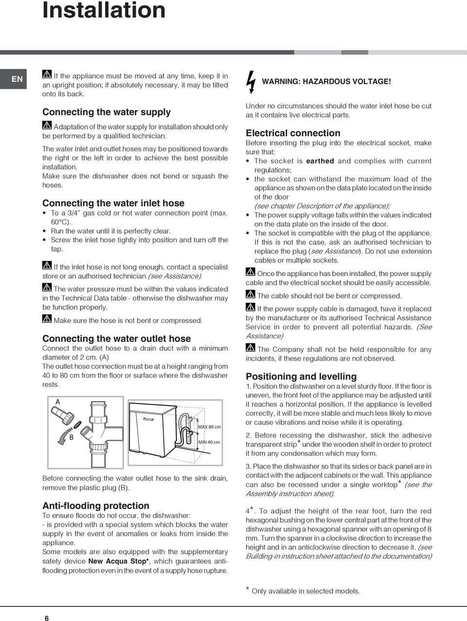 The water inlet and outlet hoses may be positioned towards the right or the left in order to achieve the best possible installation. Make sure the dishwasher does not bend or squash the hoses.