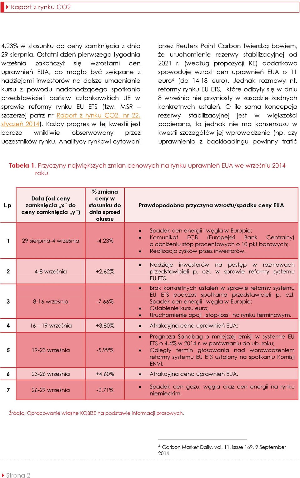 przedstawicieli państw członkowskich UE w sprawie reformy rynku EU ETS (tzw. MSR szczerzej patrz nr Raport z rynku CO2, nr 22, styczeń 2014).