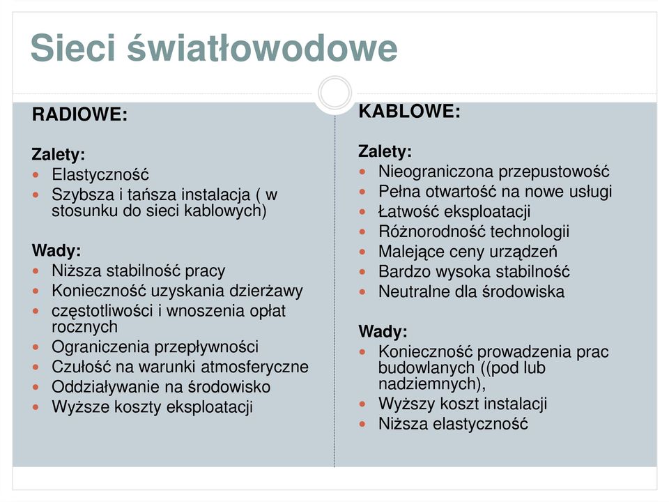 koszty eksploatacji KABLOWE: Zalety: Nieograniczona przepustowość Pełna otwartość na nowe usługi Łatwość eksploatacji RóŜnorodność technologii Malejące ceny