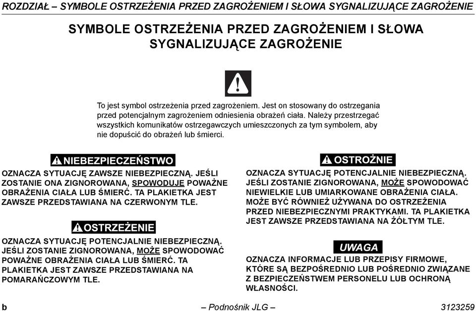 Należy przestrzegać wszystkich komunikatów ostrzegawczych umieszczonych za tym symbolem, aby nie dopuścić do obrażeń lub śmierci. OZNACZA SYTUACJĘ ZAWSZE NIEBEZPIECZNĄ.