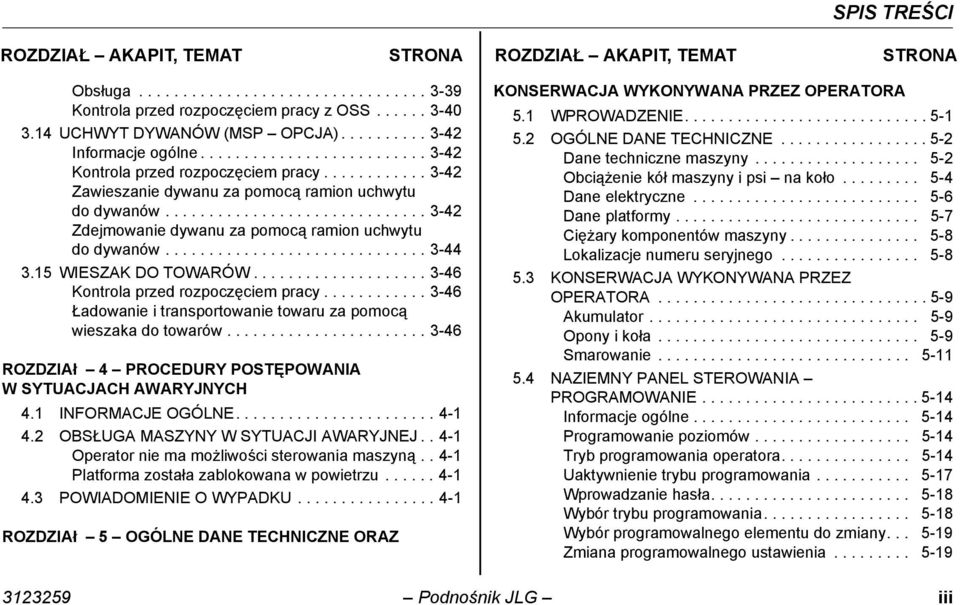 ............................. 3-42 Zdejmowanie dywanu za pomocą ramion uchwytu do dywanów.............................. 3-44 3.15 WIESZAK DO TOWARÓW.................... 3-46 Kontrola przed rozpoczęciem pracy.