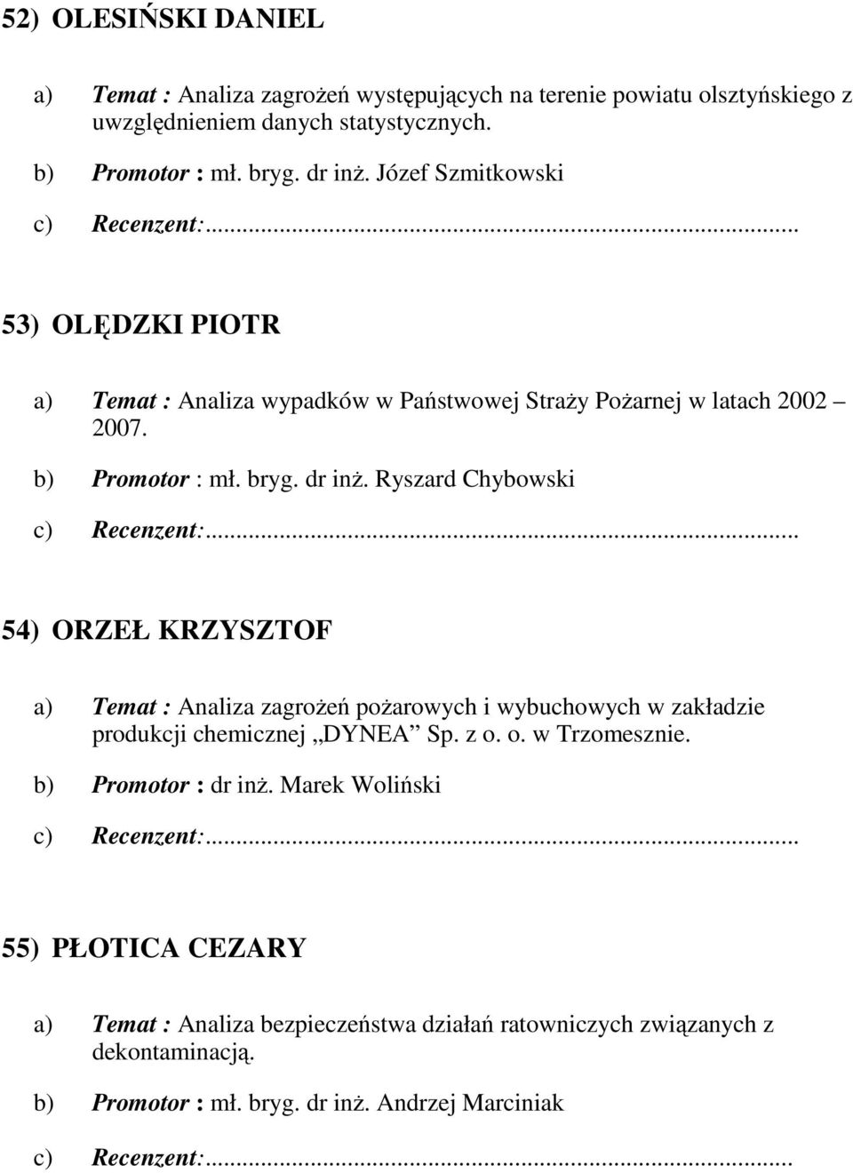 Ryszard Chybowski 54) ORZEŁ KRZYSZTOF a) Temat : Analiza zagroŝeń poŝarowych i wybuchowych w zakładzie produkcji chemicznej DYNEA Sp. z o. o. w Trzomesznie.