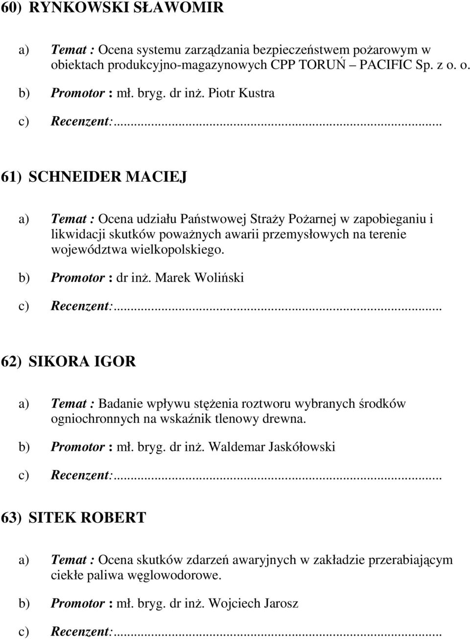 wielkopolskiego. b) Promotor : dr inŝ. Marek Woliński 62) SIKORA IGOR a) Temat : Badanie wpływu stęŝenia roztworu wybranych środków ogniochronnych na wskaźnik tlenowy drewna.