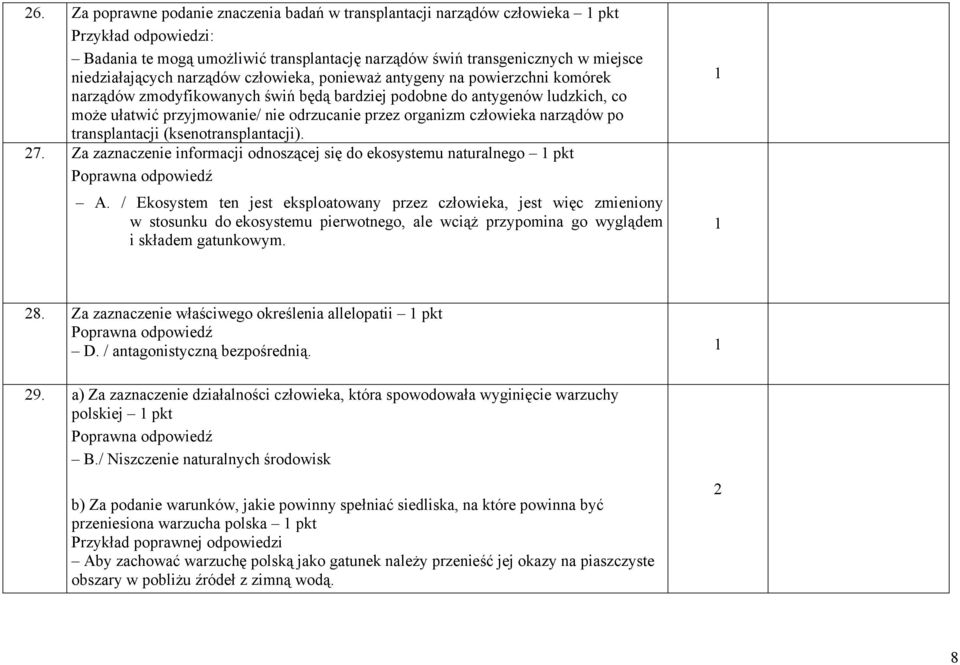 człowieka narządów po transplantacji (ksenotransplantacji). 7. Za zaznaczenie informacji odnoszącej się do ekosystemu naturalnego pkt A.