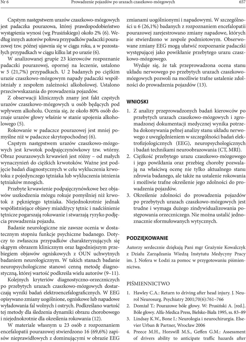 W analizowanej grupie 23 kierowców rozpoznanie padaczki pourazowej, opornej na leczenie, ustalono w 5 (21,7%) przypadkach.