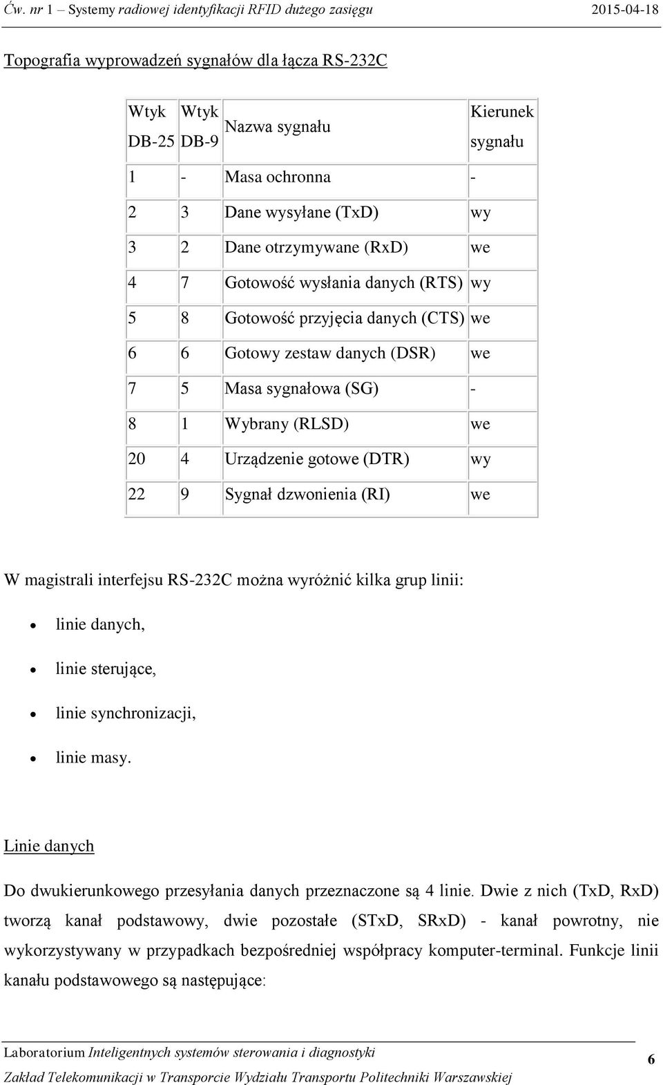 dzwonienia (RI) we W magistrali interfejsu RS-232C można wyróżnić kilka grup linii: linie danych, linie sterujące, linie synchronizacji, linie masy.