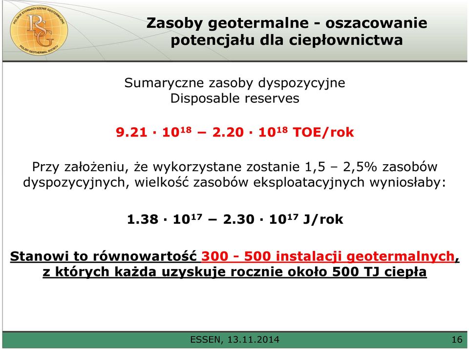 20 10 18 TOE/rok Przy założeniu, że wykorzystane zostanie 1,5 2,5% zasobów dyspozycyjnych, wielkość