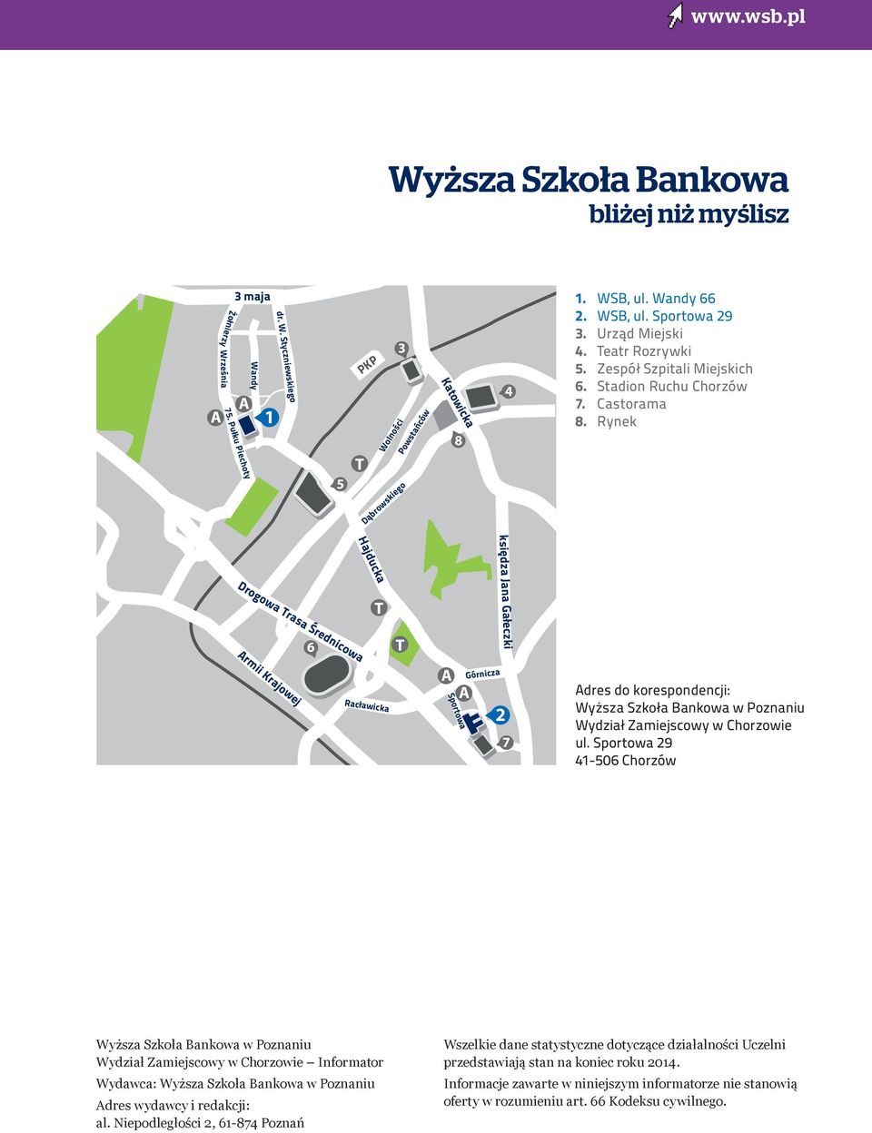 Rynek Hajducka księdza Jana Gałeczki Drogowa Trasa Średnicowa T 6 T Armii Krajowej Racławicka A A 2 Sportowa Górnicza 7 Adres do korespondencji: 1. WSB ul. Wandy Wyższa 2. Szkoła WSB ul.