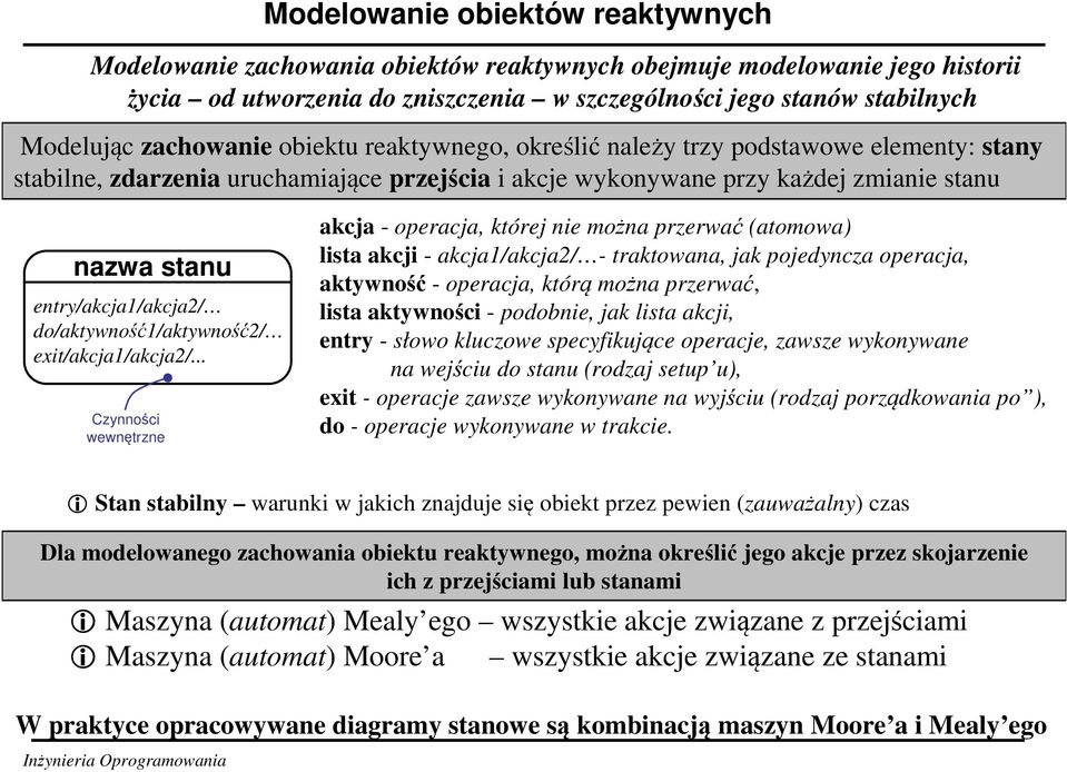 entry/akcja1/akcja2/ do/aktywność1/aktywność2/ exit/akcja1/akcja2/.