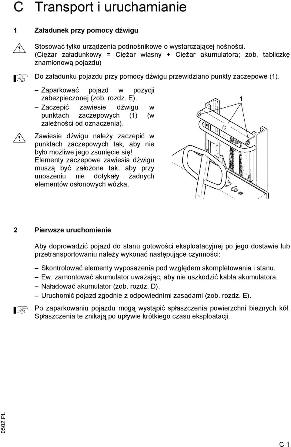 Zaczepić zawiesie dźwigu w punktach zaczepowych (1) (w zależności od oznaczenia). Zawiesie dźwigu należy zaczepić w punktach zaczepowych tak, aby nie było możliwe jego zsunięcie się!