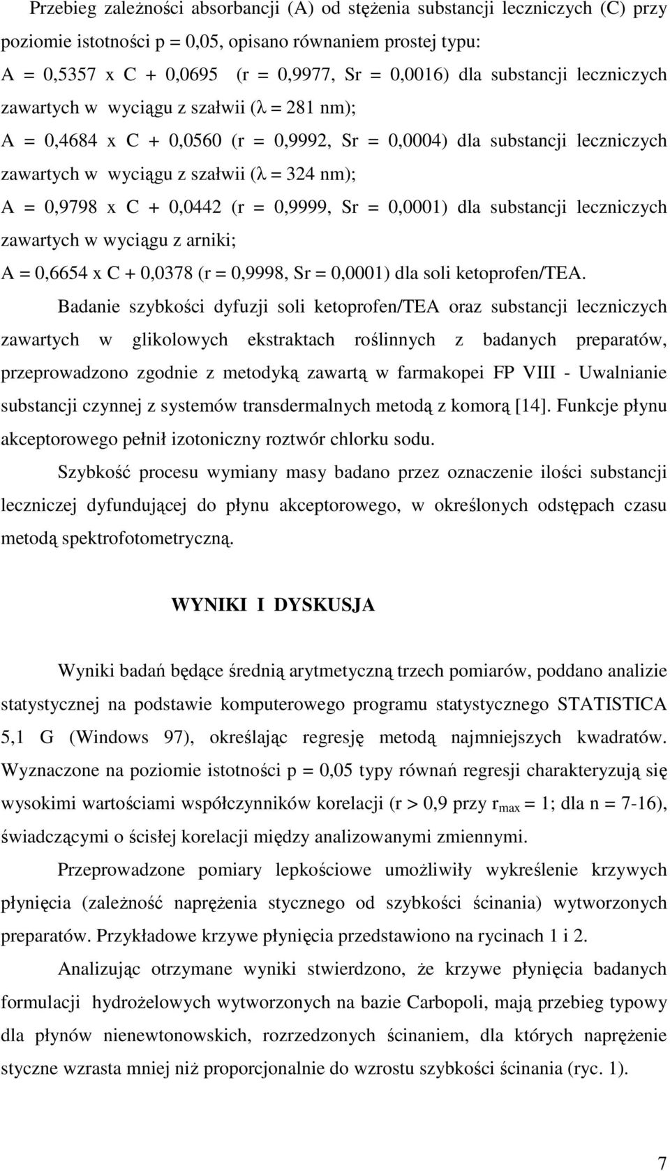 x C + 0,0442 (r = 0,9999, Sr = 0,0001) dla substancji leczniczych zawartych w wyciągu z arniki; A = 0,6654 x C + 0,0378 (r = 0,9998, Sr = 0,0001) dla soli ketoprofen/tea.