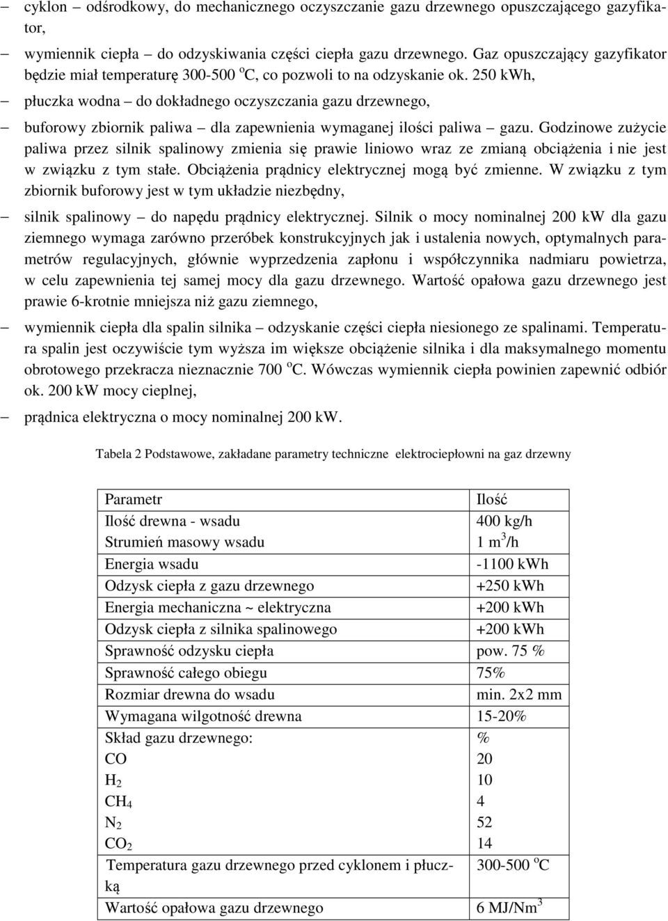 250 kwh, płuczka wodna do dokładnego oczyszczania gazu drzewnego, buforowy zbiornik paliwa dla zapewnienia wymaganej ilości paliwa gazu.