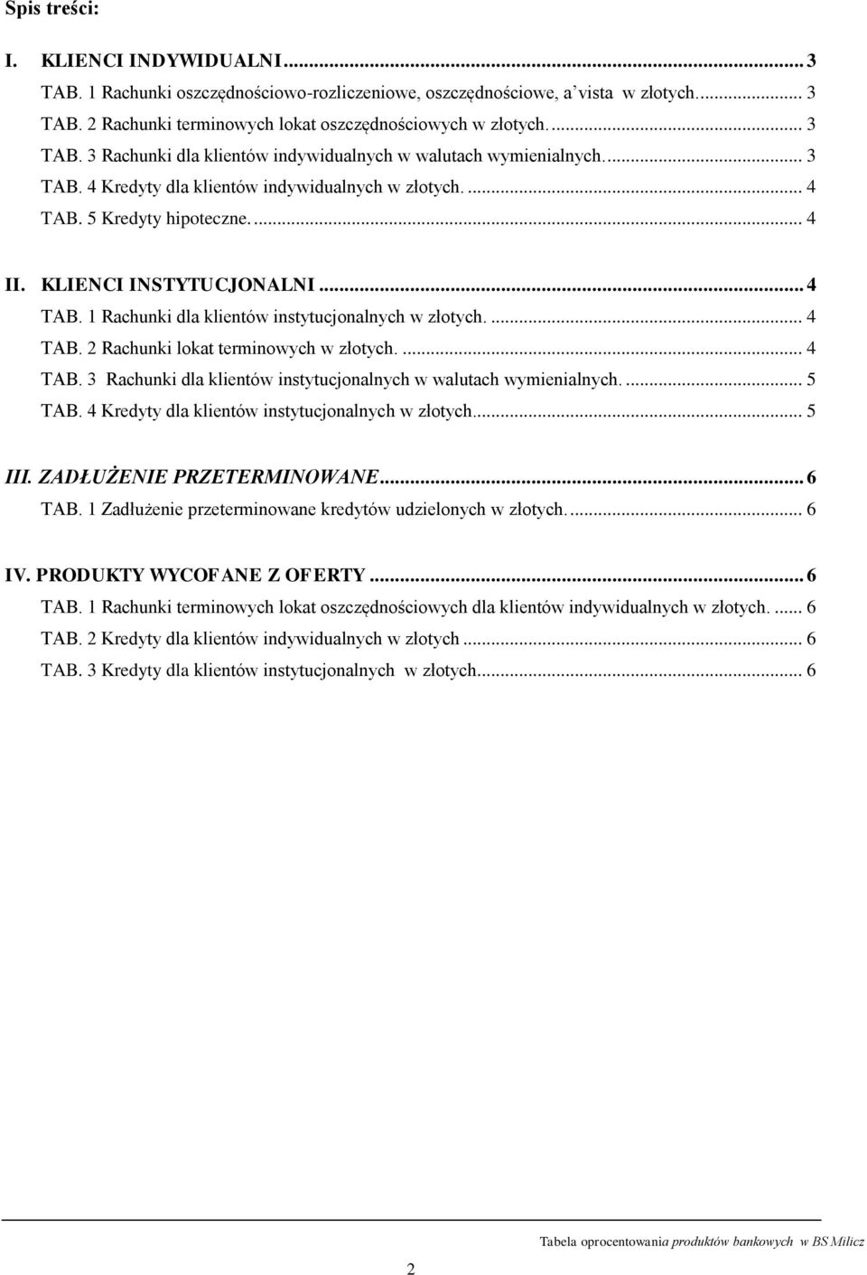 ... 4 TAB. 3 Rachunki dla klientów instytucjonalnych w walutach wymienialnych.... 5 TAB. 4 Kredyty dla klientów instytucjonalnych w złotych... 5 III. ZADŁUŻENIE PRZETERMINOWANE... 6 TAB.