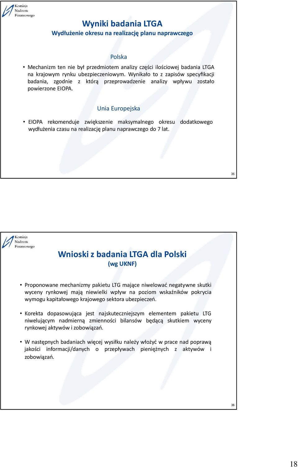 Unia Europejska EIOPA rekomenduje zwiększenie maksymalnego okresu dodatkowego wydłużenia czasu na realizację planu naprawczego do 7 lat.