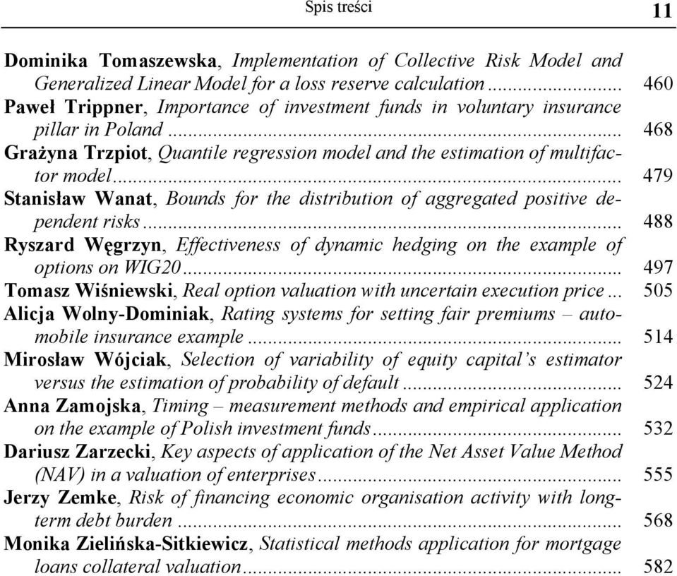 .. 479 Stanisław Wanat, Bounds for the distribution of aggregated positive dependent risks... 488 Ryszard Węgrzyn, Effectiveness of dynamic hedging on the example of options on WIG20.