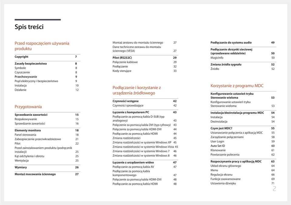 produktu (podręcznik instalacji) 25 Kąt odchylenia i obrotu 25 Wentylacja 25 Wymiary 26 Montaż mocowania ściennego 27 Montaż zestawu do montażu ściennego 27 Dane techniczne zestawu do montażu