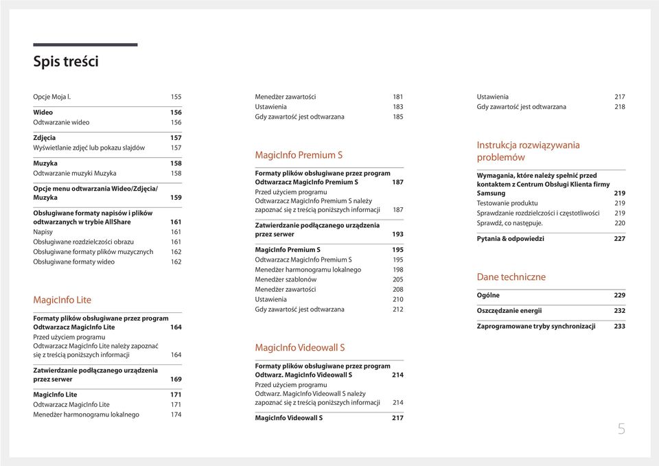 napisów i plików odtwarzanych w trybie AllShare 161 Napisy 161 Obsługiwane rozdzielczości obrazu 161 Obsługiwane formaty plików muzycznych 162 Obsługiwane formaty wideo 162 MagicInfo Lite Formaty