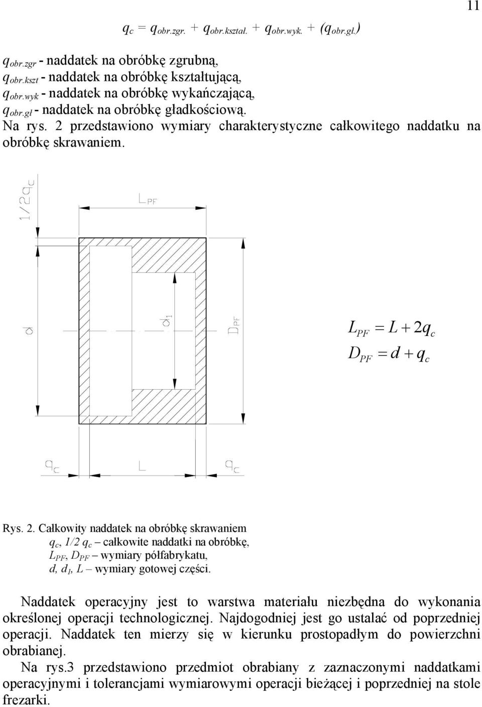 L D PF PF = L+ 2q = d+ q c c Rys. 2. Całkowity naddatek na obróbkę skrawaniem q c, 1/2 q c całkowite naddatki na obróbkę, L PF, D PF wymiary półfabrykatu, d, d 1, L wymiary gotowej części.