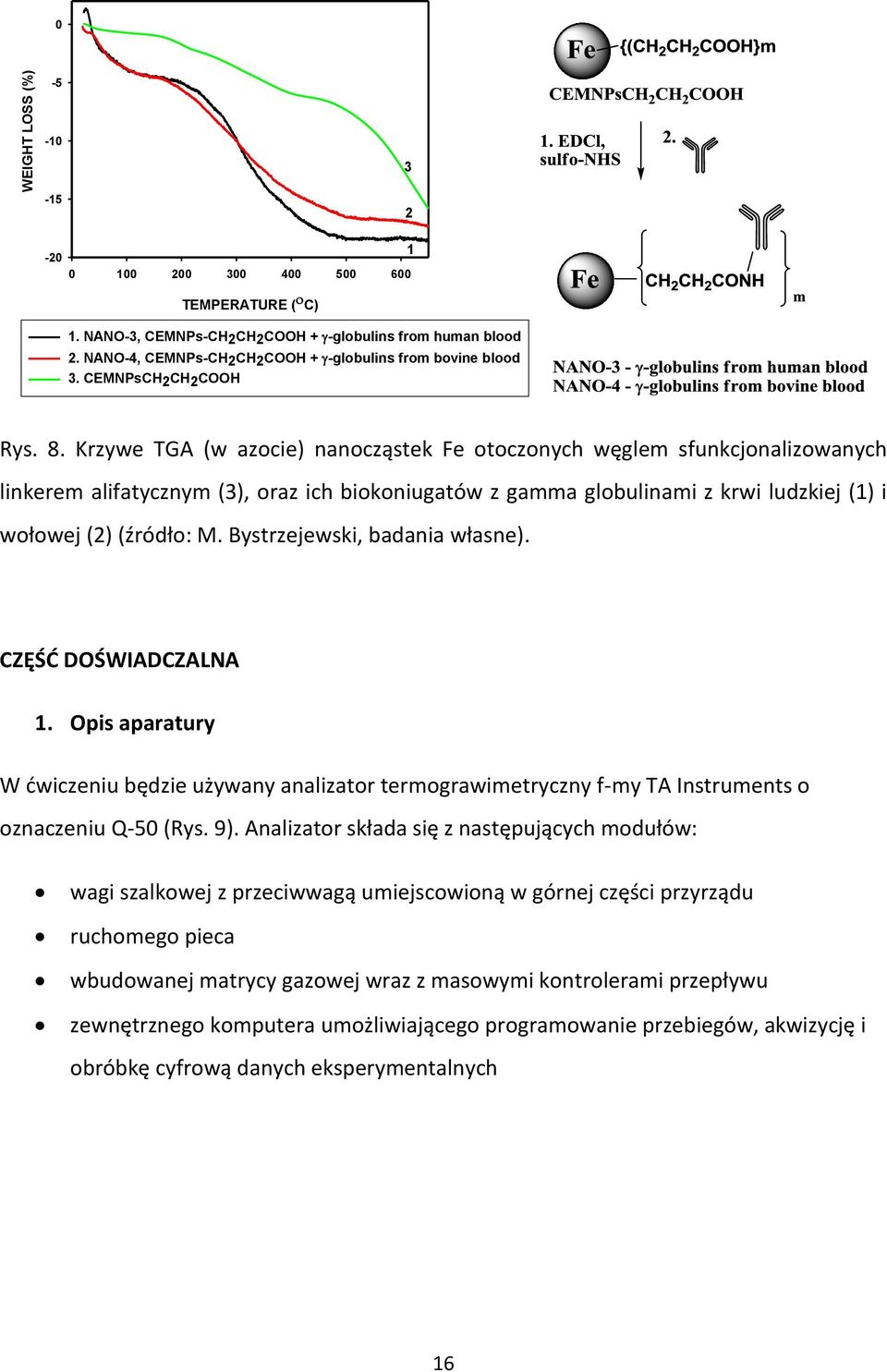 Krzywe TGA (w azocie) nanocząstek Fe otoczonych węglem sfunkcjonalizowanych linkerem alifatycznym (3), oraz ich biokoniugatów z gamma globulinami z krwi ludzkiej (1) i wołowej (2) (źródło: M.