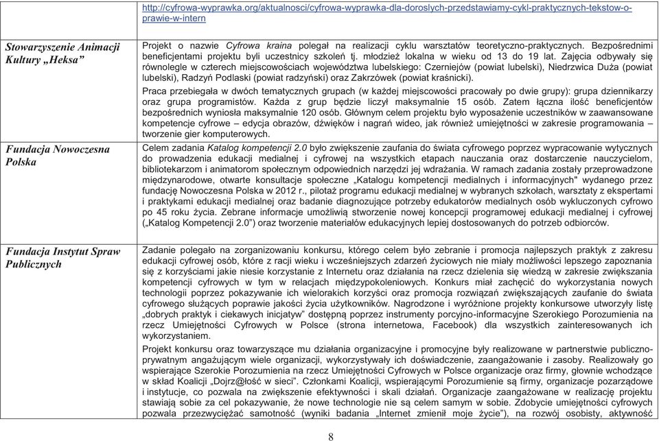 kraina polegał na realizacji cyklu warsztatów teoretyczno-praktycznych. Bezpośrednimi beneficjentami projektu byli uczestnicy szkoleń tj. młodzież lokalna w wieku od 13 do 19 lat.